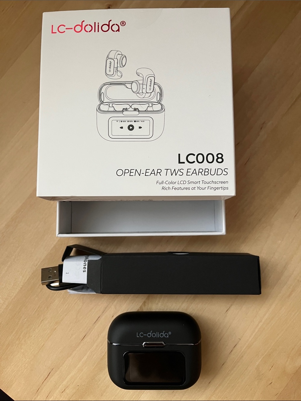 LC008 Black Open-Ear TWS Earbuds with Charging Case